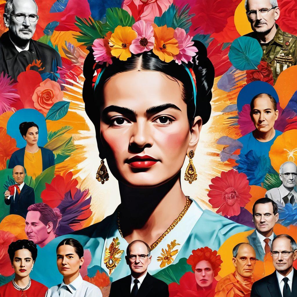 A powerful juxtaposition of famous personalities like Frida Kahlo, Steve Jobs, and John McCain depicted in a vibrant collage, each with symbolic elements representing their battles with cancer—brushes for artistry, tech devices for innovation, and military medals for resilience. Soft, ethereal glow surrounding them, symbolizing hope and triumph amidst adversity. The background filled with abstract representations of struggle and victory. vibrant colors. super-realistic.