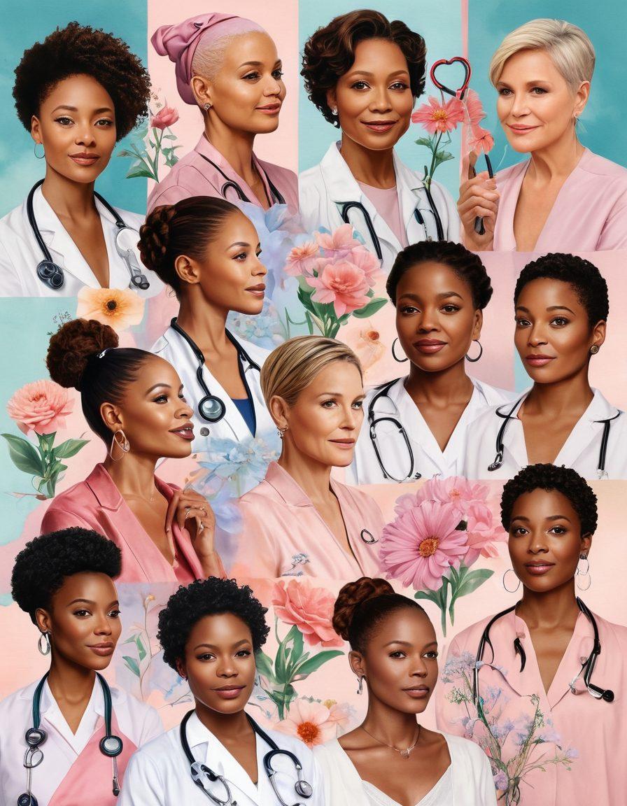 A heartfelt collage showcasing a diverse group of celebrities, each sharing their cancer journey. Include symbolic elements like ribbons, flowers, and light emanating from their stories, blended with serene backgrounds of support and hope. Subtle imagery of medical awareness strands like stethoscopes or charts are woven in. This composition embodies strength, resilience, and inspiration, inviting connection and compassion. vibrant colors. super-realistic.