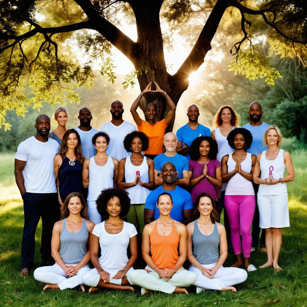 A powerful montage of diverse celebrities, each holding a symbol of hope like a cancer ribbon, in a serene natural setting that embodies healing and wellness. Surround them with elements representing holistic wellness strategies such as yoga mats, herbal teas, and supportive community groups. Soft sunlight filters through trees, illuminating their faces with resilience and determination. The overall atmosphere should convey an inspiring and uplifting message about awareness and healing. super-realistic. vibrant colors. soft focus.